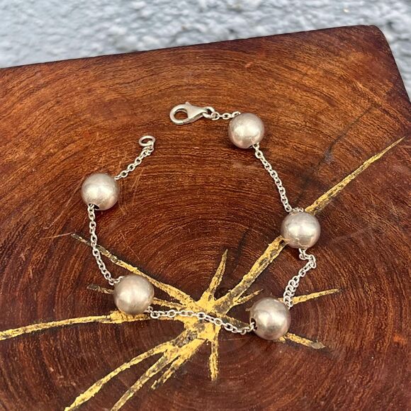 90s Sterling Silver Ball Chain Bracelet with Silver Balls Womens Modern Jewelry - Picture 3 of 9